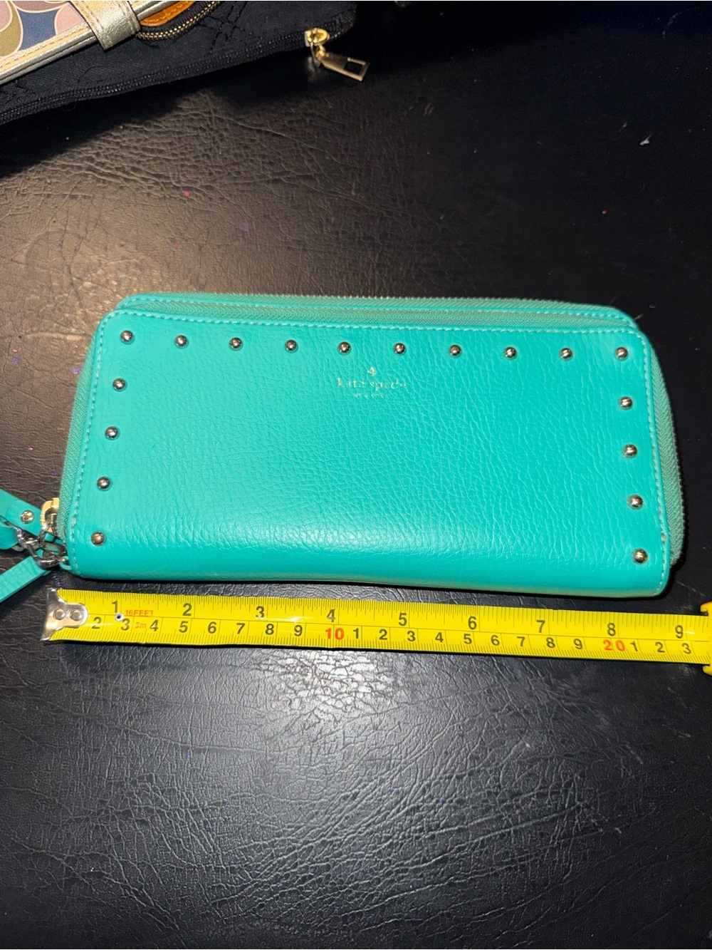 kate spade turquoise zip-around studded wallet